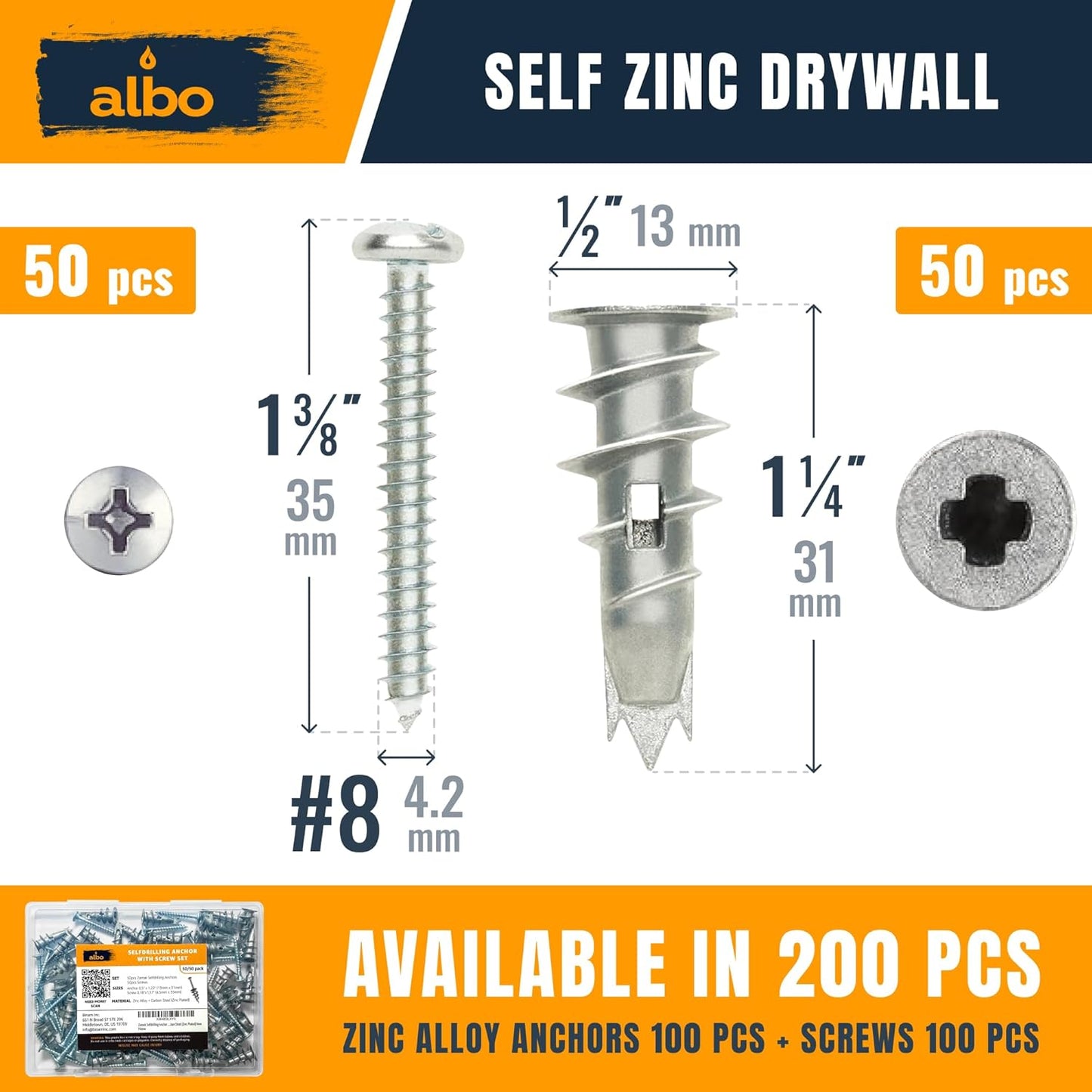 ALBO Zinc Self-Drilling Drywall Anchors Set, 50 Heavy Duty Sheetrock Anchors plus 50 #8 x 1-1/4'' Screws
