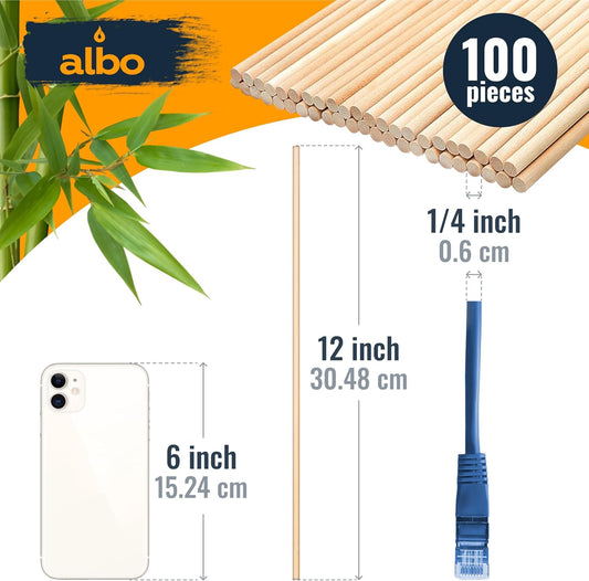ALBO Bamboo Wooden Dowel Rods, 1/4" x 12" Round Wood Sticks for Crafts and DIY, 100 pieces