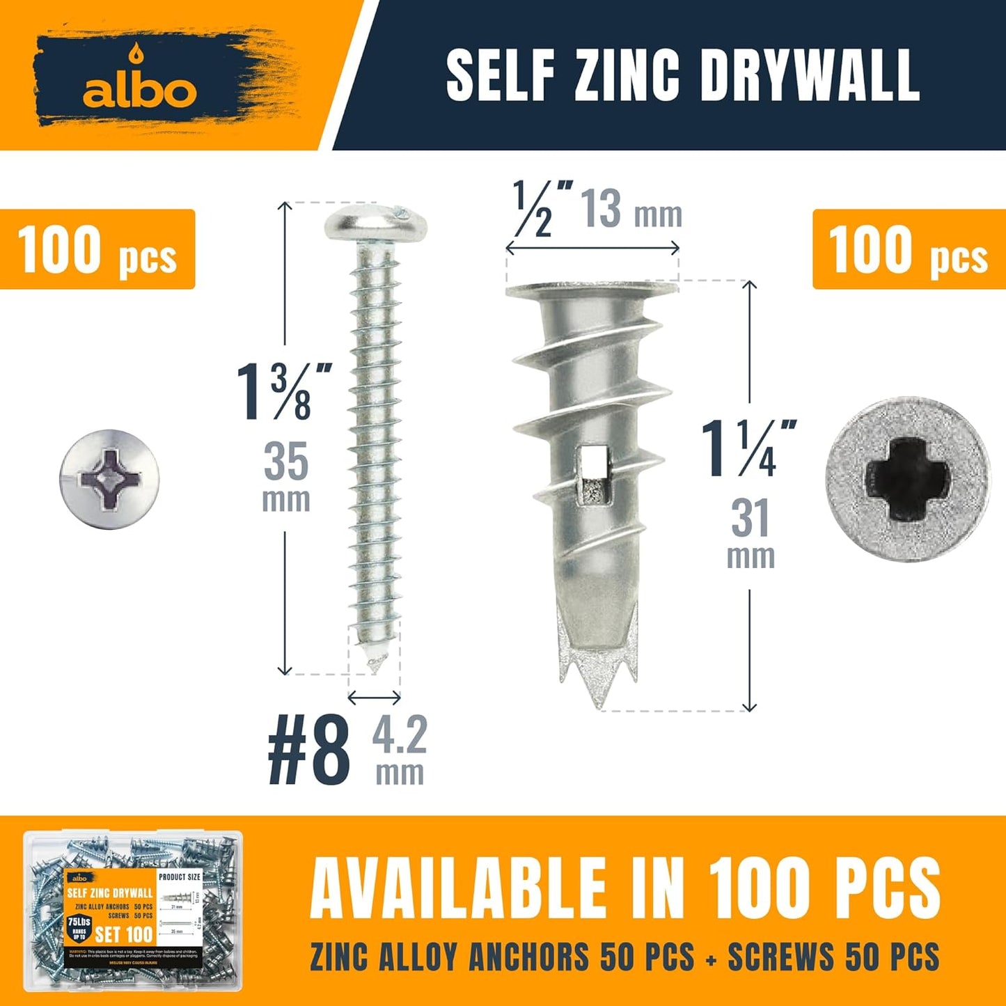 ALBO Zinc Self-Drilling Drywall Anchors, 100 Heavy Duty Sheetrock Anchors plus 100 pcs 8 x 1-1/4'' Screws
