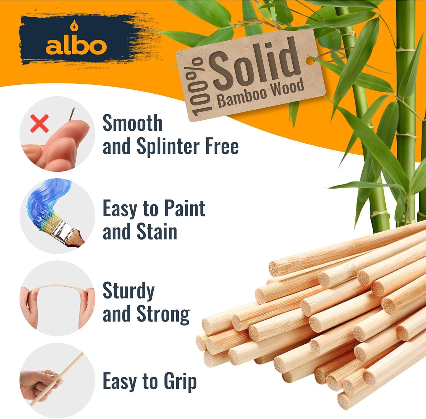 ALBO Bamboo Wooden Dowel Rods, 1/4" x 12" Round Wood Sticks for Crafts and DIY, 100 pieces