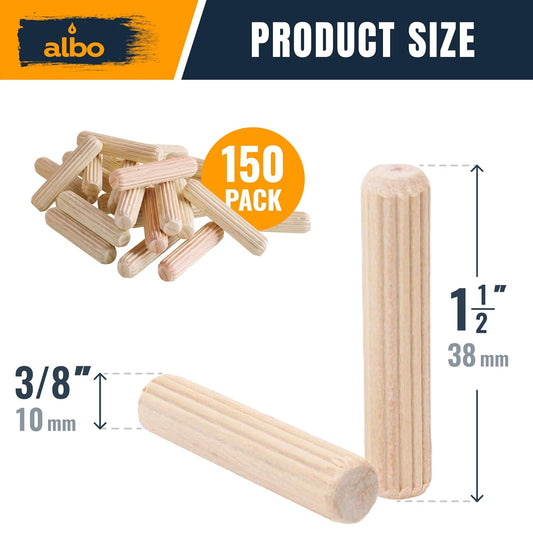 ALBO Wooden Dowel Pins 3/8 x 1 1/2 inch, pack 150 pcs