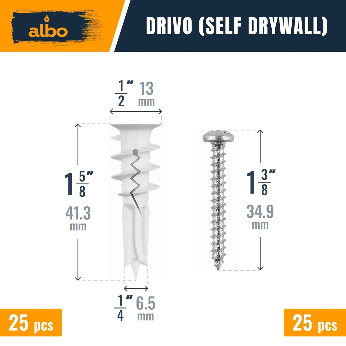 ALBO Self Drilling Plastic Drywall Hollow Wall Anchors with Screws, 25 pieces