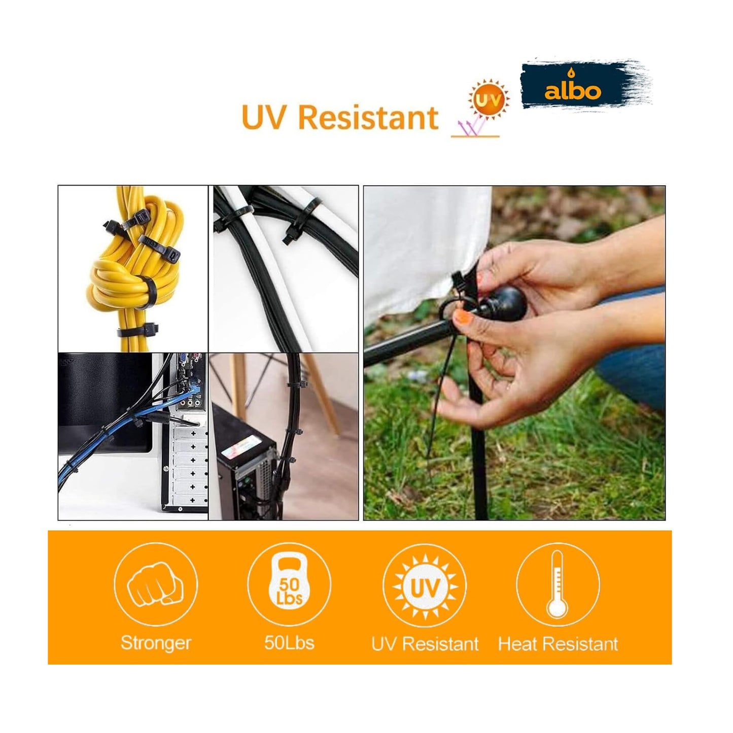 ALBO Black Reusable Zip Ties, Assorted Sizes 6", 8", 10", 12", Pack 200 pcs