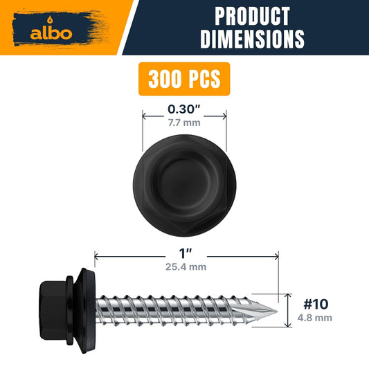 ALBO #10 x 1 inch Black Metal Roofing Screws 300pcs