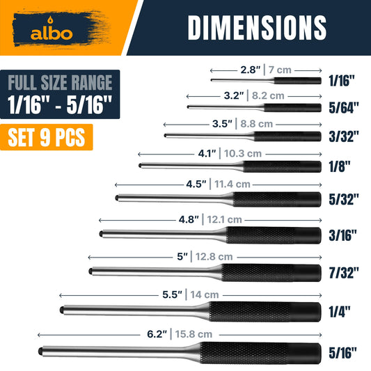 ALBO Roll Pin Punch Set, 9-Piece SAE 1/16–5/16 in, Chrome Vanadium Steel, Heat-Treated Pin Punch Kit with Knurled Handles, Roll-Up Storage Pouch, for Automotive & Small Machinery
