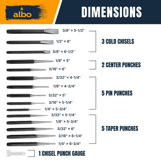 ALBO Punch and Chisel Set 16 PCS – Chrome Vanadium Steel Punch Set with Pin Punches, Center Punch & Chisels, Multi-Size Tool Kit with Storage Pouch for Automotive, Metal & DIY Projects