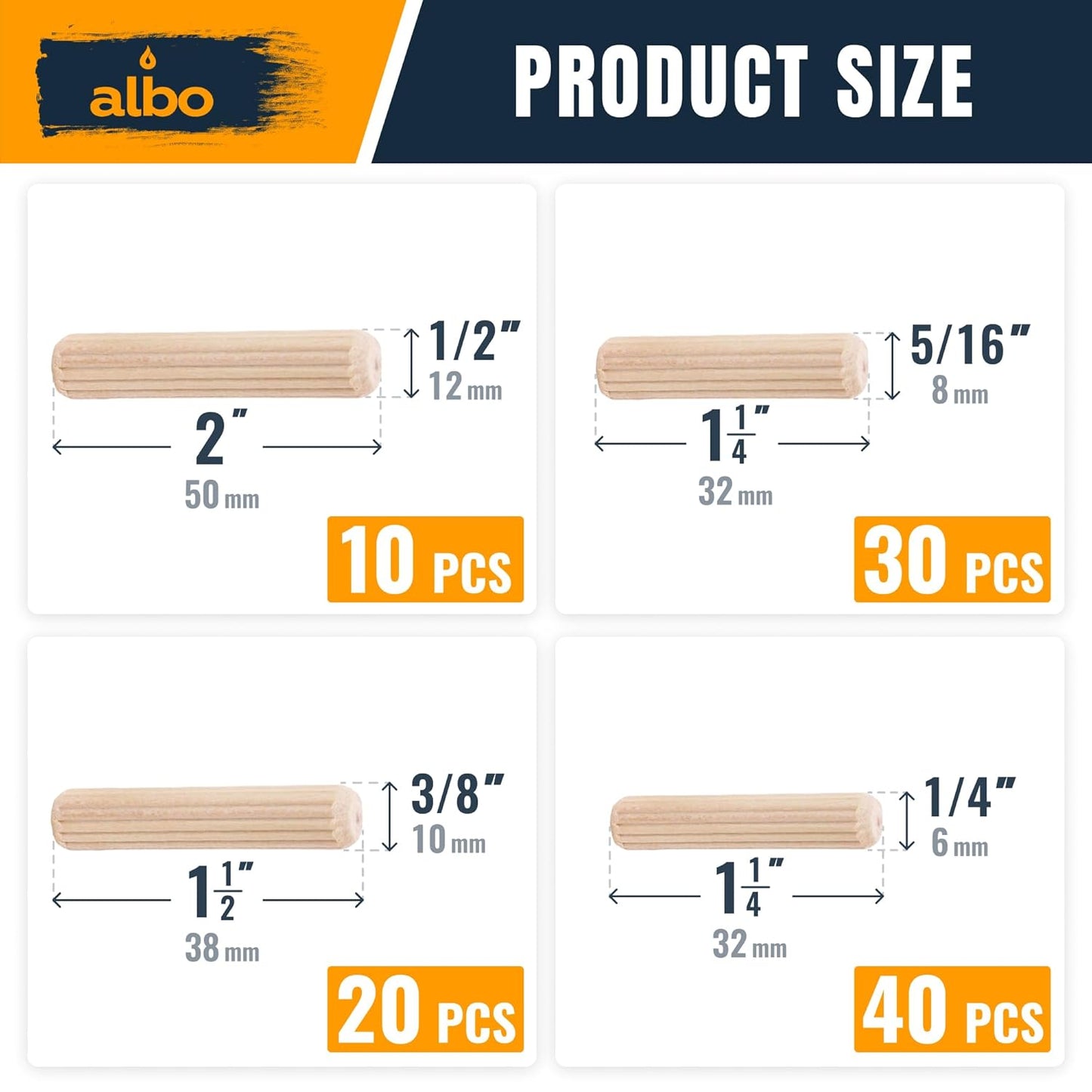 ALBO Wooden Dowel Pins, Assorted Sizes 1/2, 3/8, 5/16, 1/4 inch, pack 100 pcs