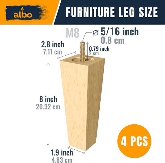 Albo Wood Heavy Duty Furniture Legs, 8 inch Height, Pack of 4 pcs, Clear Varnish