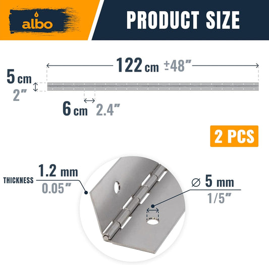 ALBO 48" Silver Heavy Duty Piano Hinge Continuous, Stainless Steel, Set of 2 pcs