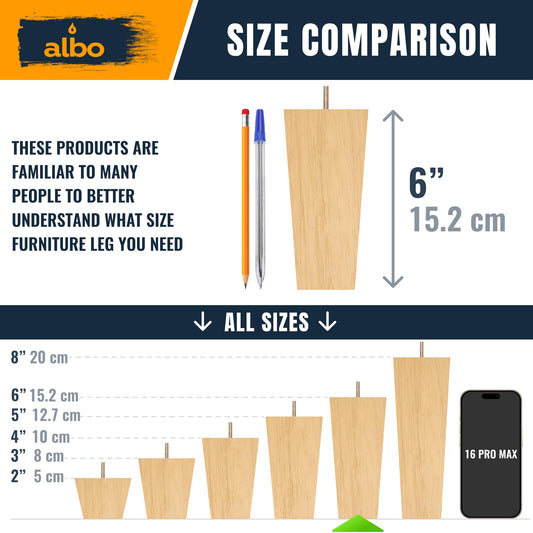Albo Wood Furniture Legs 6 inch, Heavy Duty Sofa Legs, Pack of 4 Square Couch Legs Covered with Clear Varnish, Sofa Replacement Parts, for Dresser Legs, Sideboard, Recliner Couch, Circle Chair