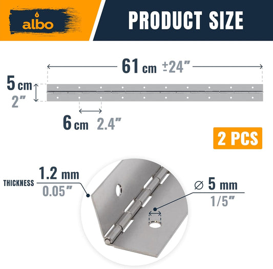 ALBO 24" Silver Heavy Duty Piano Hinge Continuous, Stainless Steel, Set of 2 pcs