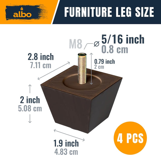 Albo Wood Heavy Duty Furniture Legs, 2 inch Height, Pack of 4 pcs, Brown