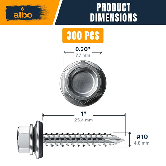ALBO #10 x 1 inch Carbon Steel Metal Roofing Screws 300pcs