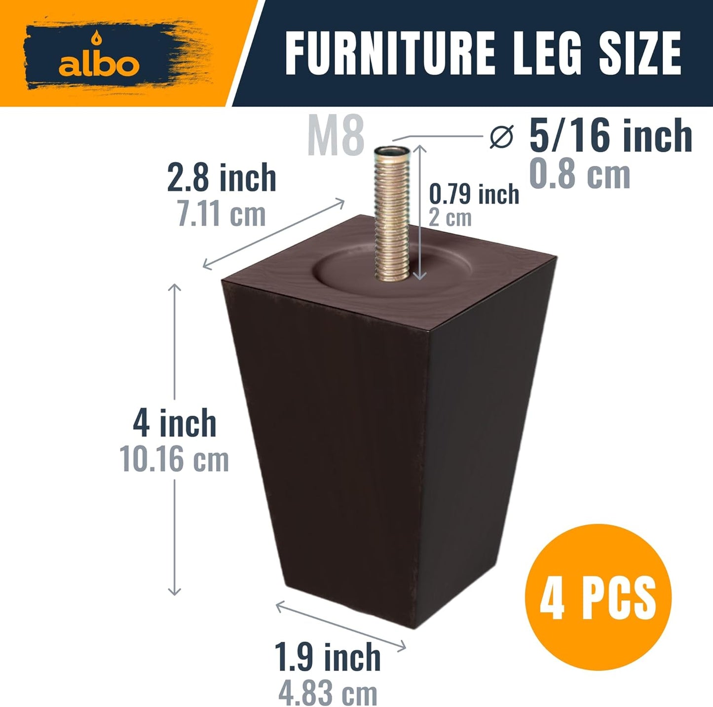 Albo Wood Heavy Duty Furniture Legs, 4 inch Height, Pack of 4 pcs, Brown