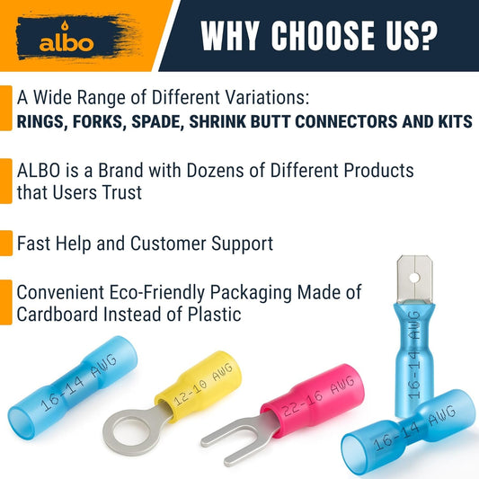 ALBO Heat Shrink Butt Connectors - Insulated Copper Crimp Wire Splice Terminals for Automotive, Marine & Home Electrical Wiring Projects (Custom Style)