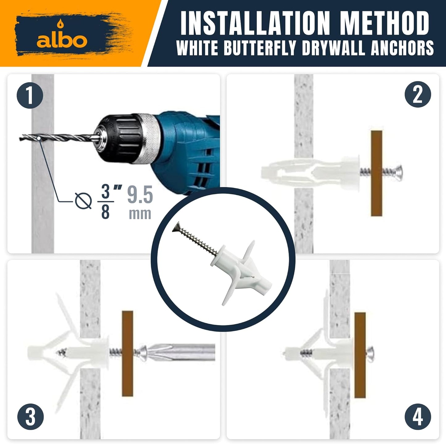 ALBO Drywall Plastic Hollow Wall Butterfly Anchors with Screws, 25 pieces