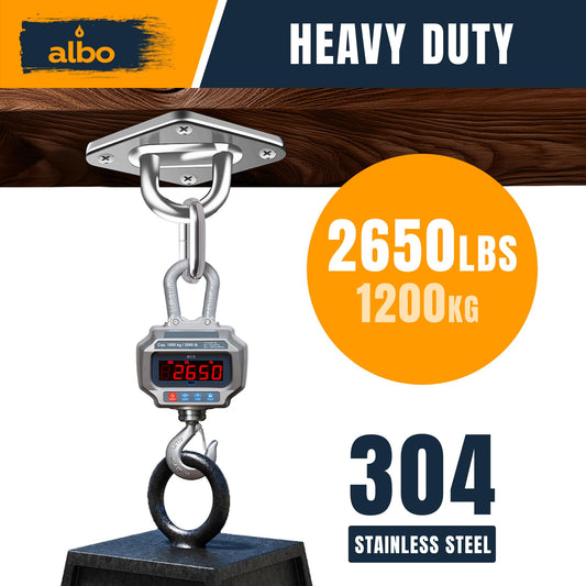 Albo Diamond Plate 2650lbs Swing Hangers 2 PCS - Heavy Duty Ceiling Mount Hooks with Snap Carabiners, 304 Stainless Steel for Wood & Concrete & Metal, Indoor Outdoor Anchor for Hammock, Yoga, TRX