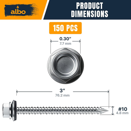 ALBO #10 x 3 Inch Silver Hex Head Metal Roofing Screws 150pcs