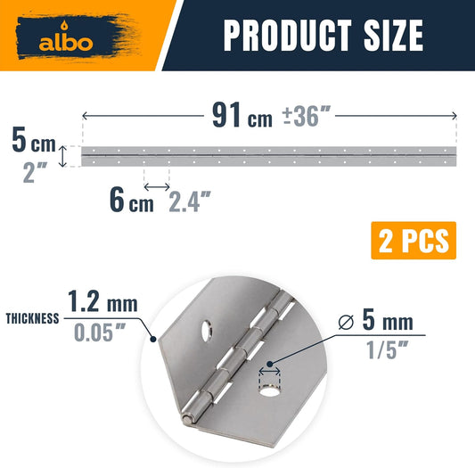 ALBO 36" Silver Heavy Duty Piano Hinge Continuous, Stainless Steel, Set of 2 pcs