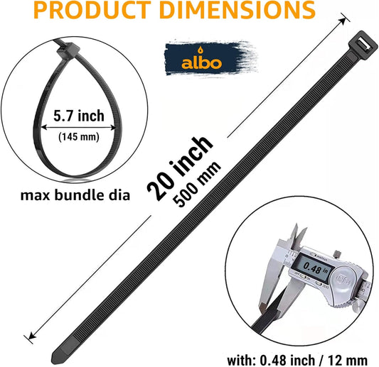 ALBO Heavy Duty Zip Ties 20 inch Black 100 Pack