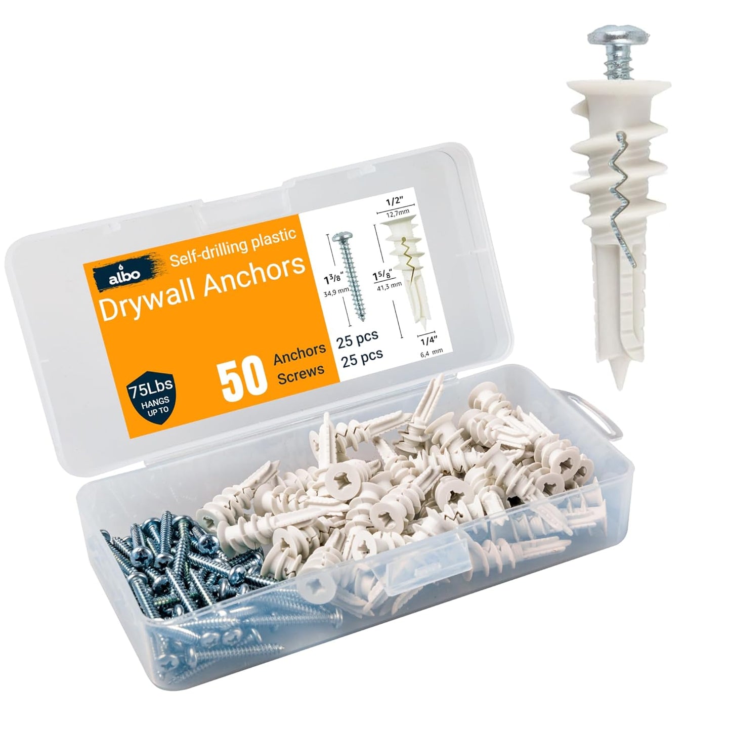 ALBO Self Drilling Plastic Drywall Hollow Wall Anchors with Screws, 25 pieces