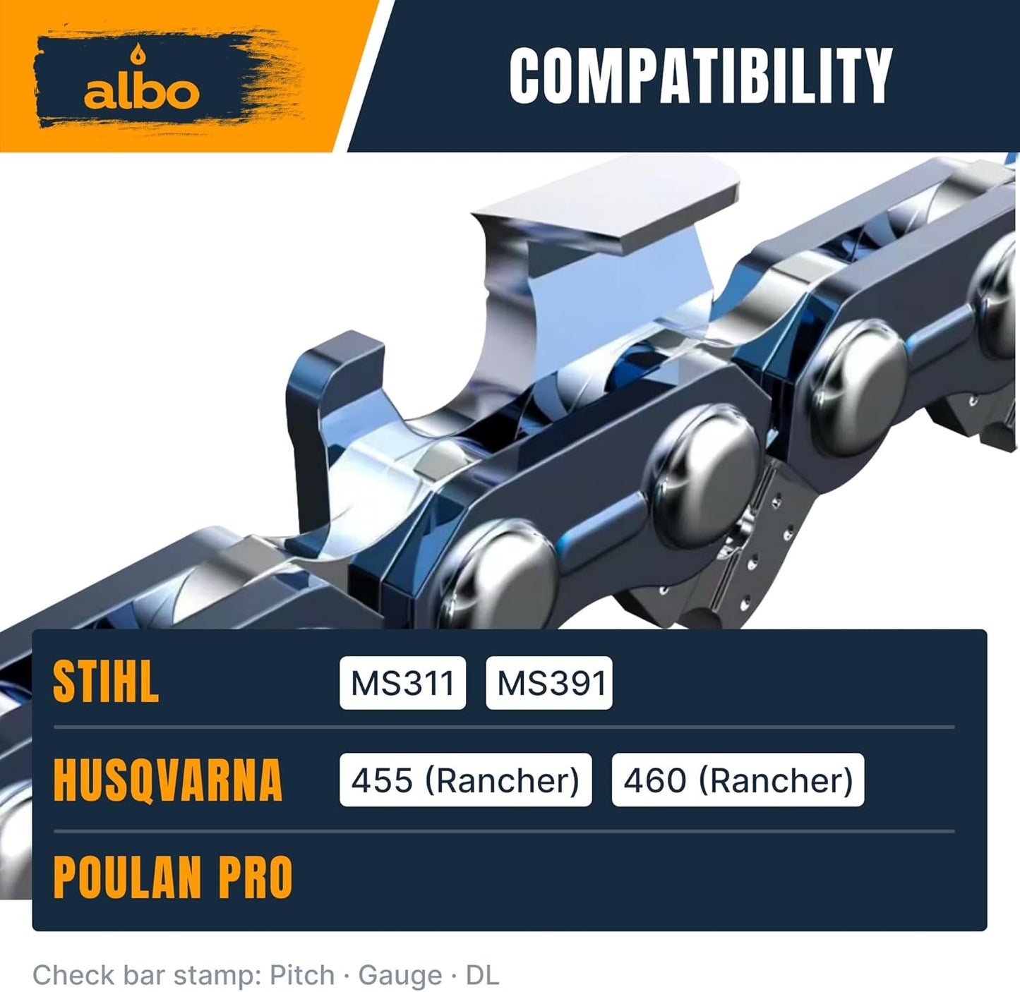 3/8" Pitch .050" Gauge 72DL 20" Chainsaw Chain Single Loop - Full Chisel Chrome Cutters, Reinforced Rivets, CE Certified - Fits Stihl MS311 MS391, Husqvarna 455/460 Rancher, Poulan Pro