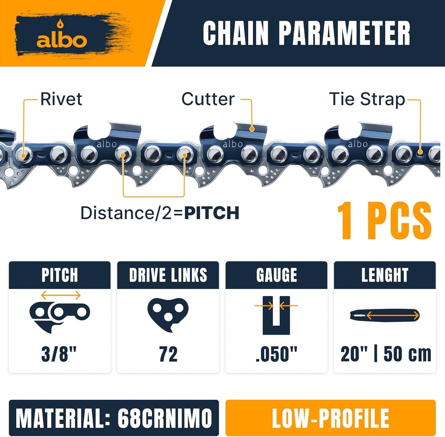 3/8" Pitch .050" Gauge 72DL 20" Chainsaw Chain Single Loop - Full Chisel Chrome Cutters, Reinforced Rivets, CE Certified - Fits Stihl MS311 MS391, Husqvarna 455/460 Rancher, Poulan Pro
