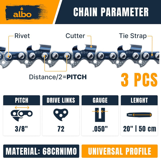 3/8" LP Pitch .050" Gauge 72DL 20" Chainsaw Chain 3 Pack - Low-Profile Full-Chisel Chrome Cutters, Reinforced Rivets, CE Certified - Fits Stihl MS311 MS391, Husqvarna 455/460 Rancher, Poulan Pro
