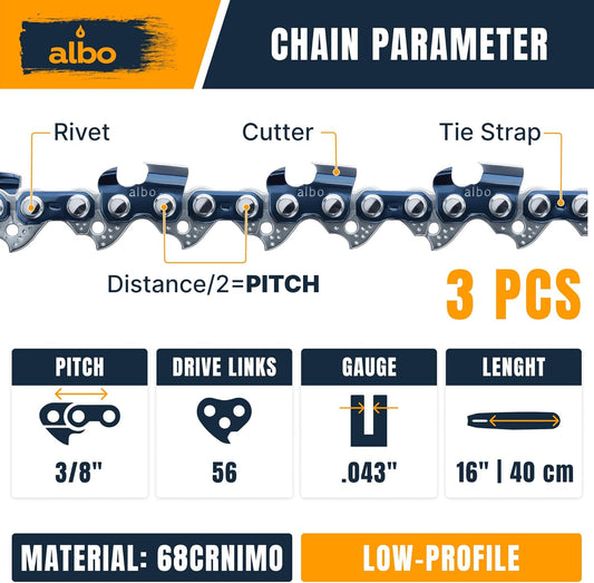 3/8" LP Pitch .043" Gauge 56DL 16" Chainsaw Chain 3 Pack - Low-Profile Full-Chisel Chrome Cutters, Reinforced Rivets, CE Certified - Fits Milwaukee M18 FUEL, Ego CS1613, DeWalt DCCS690 Saws
