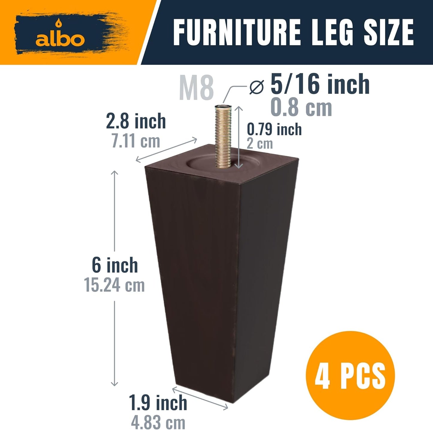 Albo Wood Heavy Duty Furniture Legs, 6 inch Height, Pack of 4 pcs, Brown