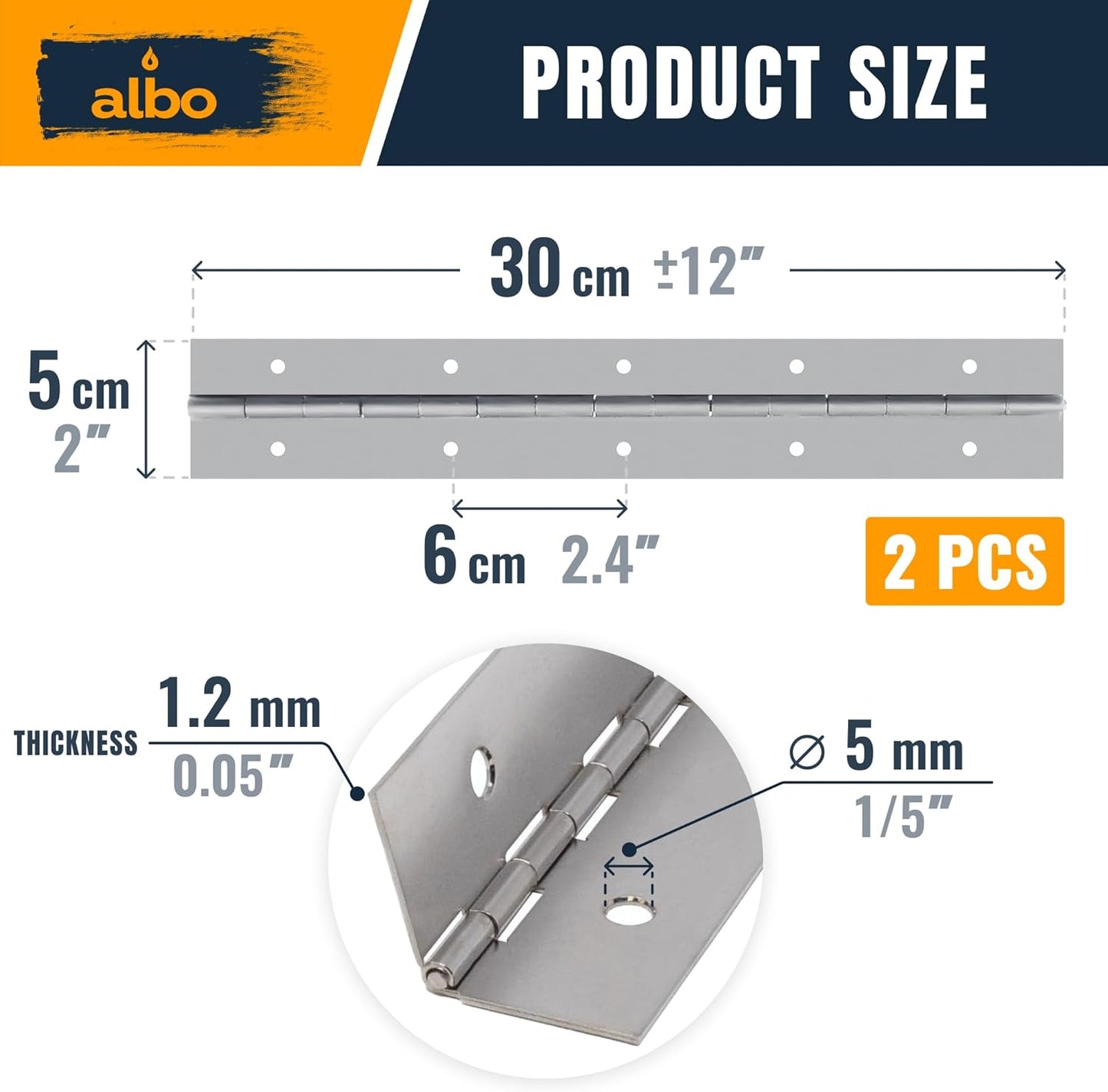 ALBO 12" Silver Heavy Duty Piano Hinge Continuous, Stainless Steel, Set of 2 pcs
