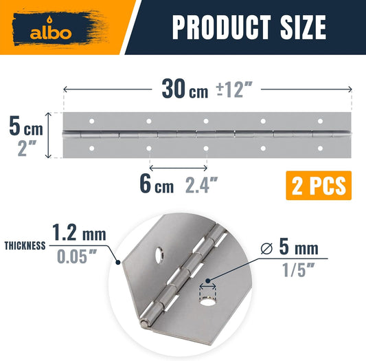 ALBO 12" Silver Heavy Duty Piano Hinge Continuous, Stainless Steel, Set of 2 pcs