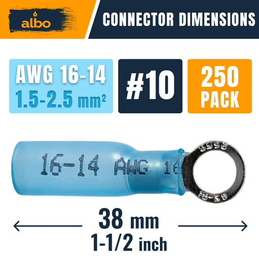 ALBO 250PCS #10 Blue Heat Shrink Ring Terminal Kit – 16-14 AWG Wire Terminal Connectors Assortment, Waterproof Tinned Copper Electrical Ring Connectors