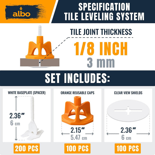 ALBO Tile Leveling System Set 1/8 inch - 400 PCS - Professional Floor & Wall Spacer Kit with Reusable Caps & Plates