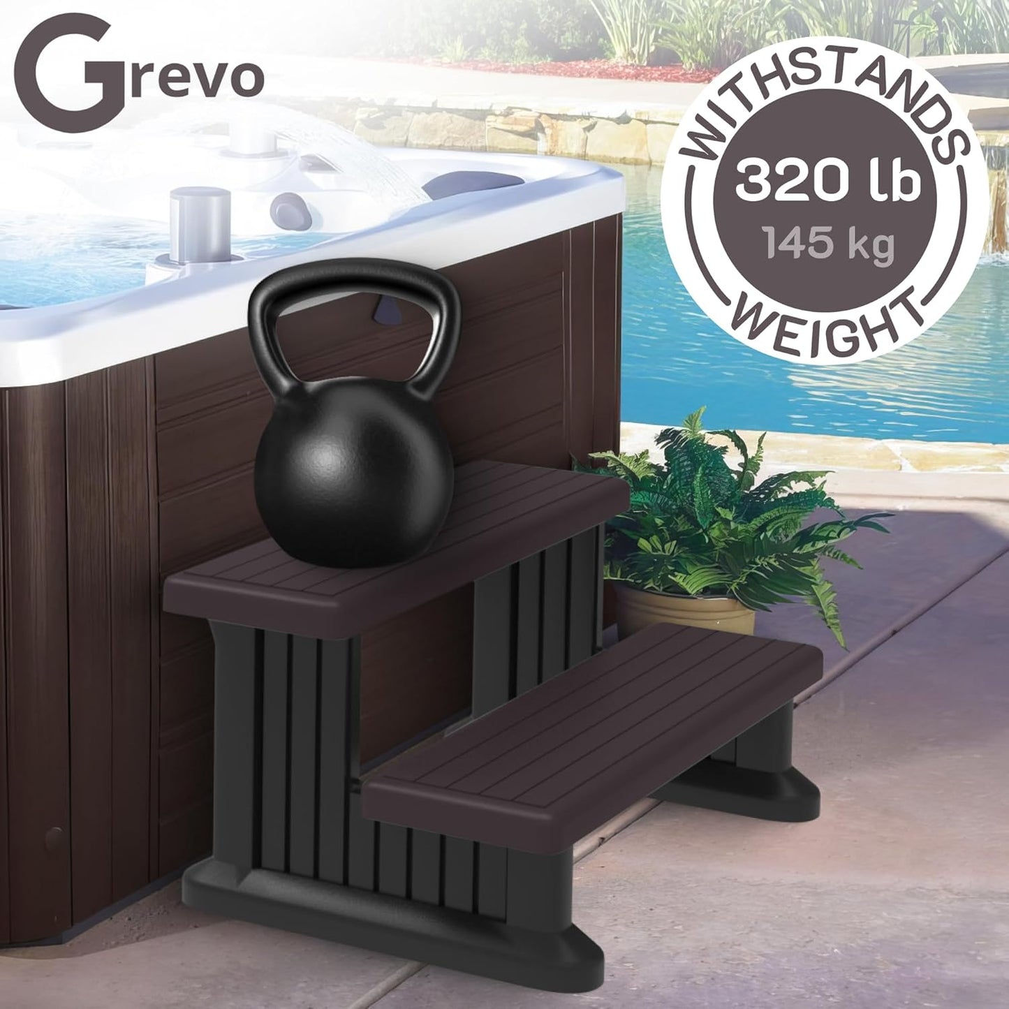 GREVO 2 Tier Plastic Slip Resistant Hot Tub Steps, Swim Spa Steps, Jacuzzi Steps, Outdoor Spa Steps, Brown Color