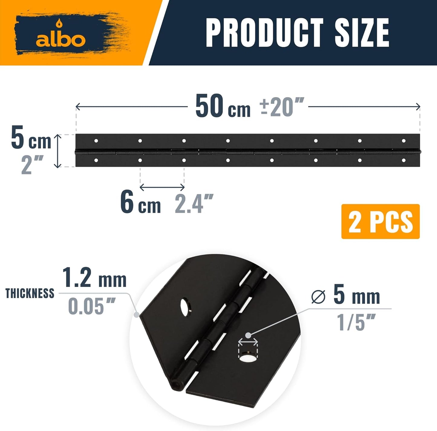 ALBO 20" Black Heavy Duty Piano Hinge Continuous, Stainless Steel, Set of 2 pcs
