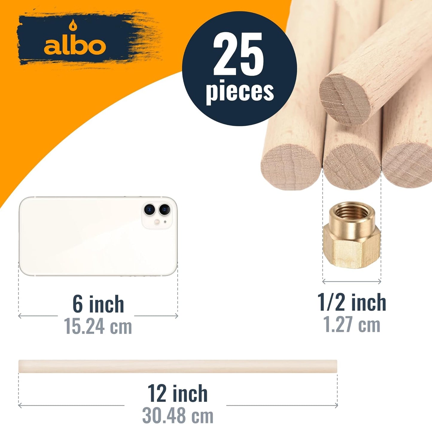 ALBO 1/2" x 12" Wooden Dowel Rods, Birch Natural Hardwood Rods, 25 pieces