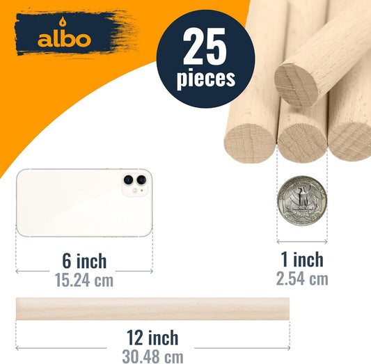 ALBO 1" x 12" Wooden Dowel Rods, Birch Natural Hardwood Rods, 25 pieces