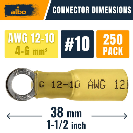 ALBO 250PCS #10 Yellow Heat Shrink Ring Terminal Kit – 12-10 AWG Wire Terminal Connectors Assortment, Waterproof Tinned Copper Electrical Ring Connectors