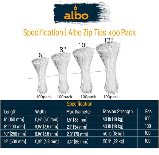 ALBO White Zip Ties Assorted Sizes 400 Pack 4+6+8+10+12 Inch Plastic Cable Ties Wire Tie UV Resistant Nylon Tie Wraps
