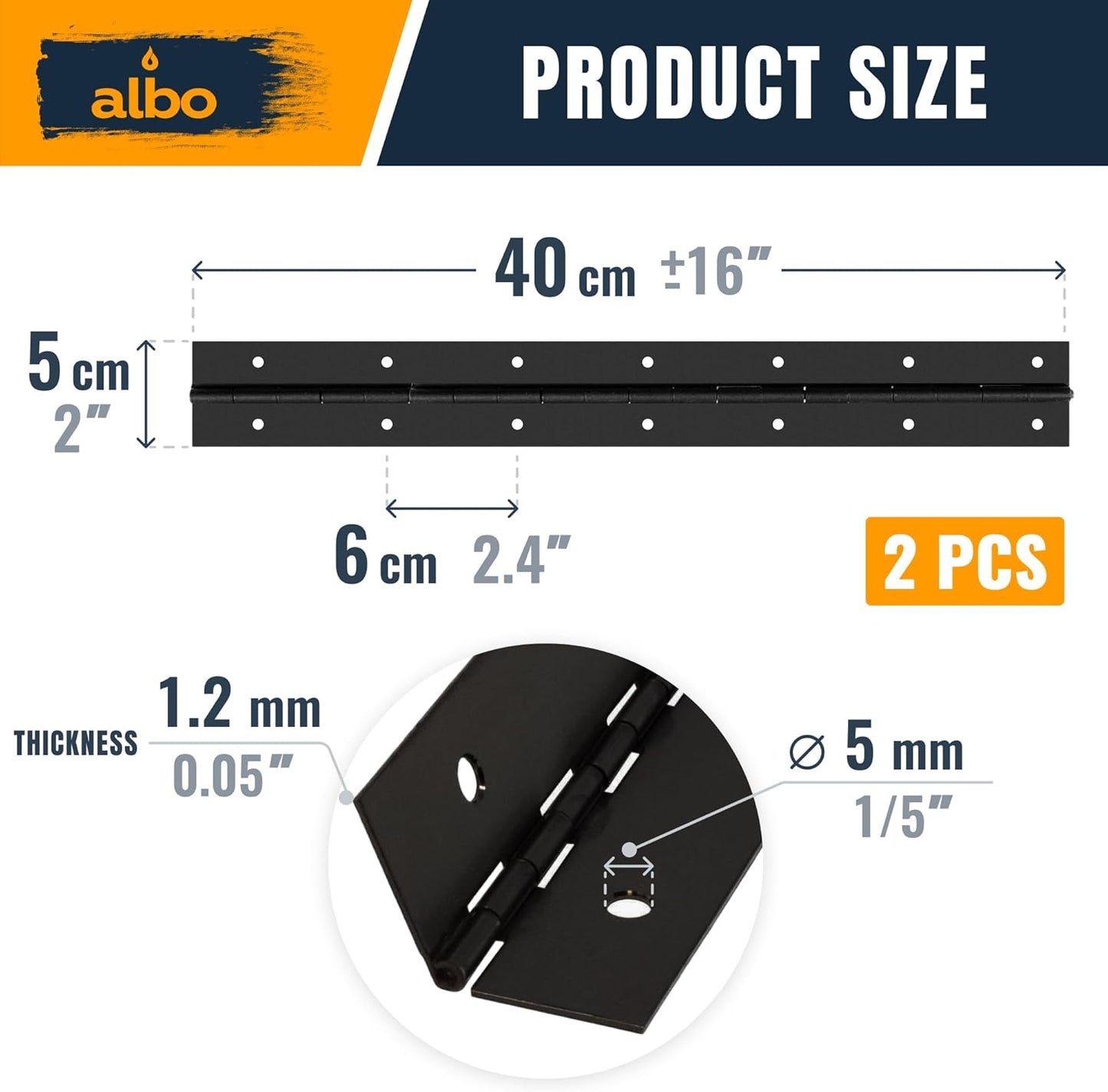 ALBO 16" Black Heavy Duty Piano Hinge Continuous, Stainless Steel, Set of 2 pcs