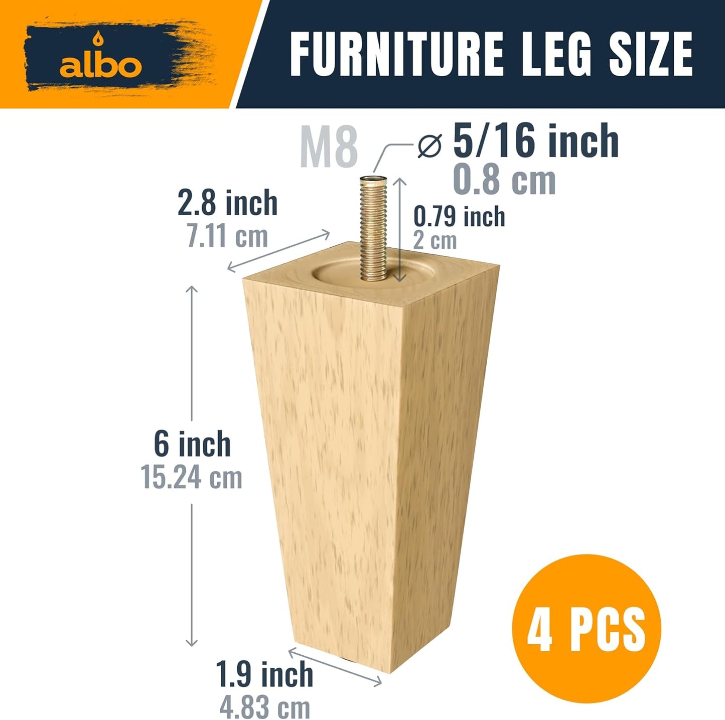 Albo Wood Heavy Duty Furniture Legs, 6 inch Height, Pack of 4 pcs, Clear Varnish
