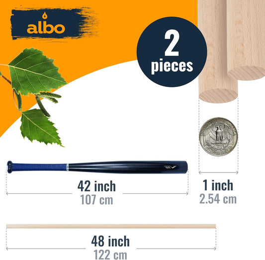 ALBO 1" x 48" Wooden Dowel Rods, Birch Natural Hardwood Rods, 2 pieces
