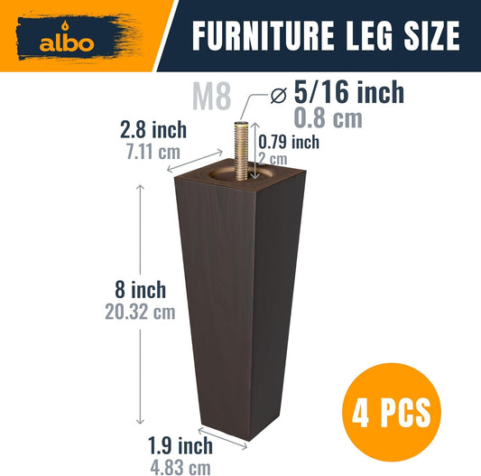 Albo Wood Heavy Duty Furniture Legs, 8 inch Height, Pack of 4 pcs, Brown