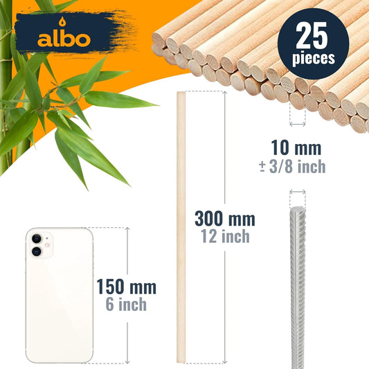 ALBO 3/8" x 12" Bamboo Wooden Dowel Rods for Crafts and DIY Projects, 25 pieces