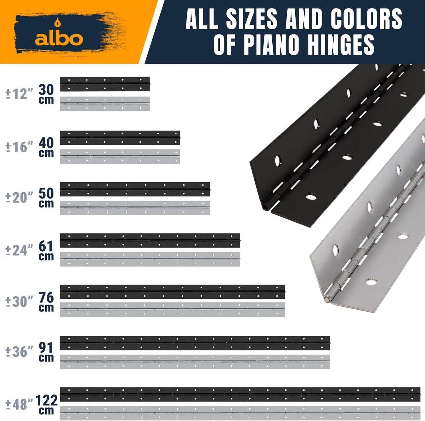 ALBO 16" Silver Heavy Duty Piano Hinge Continuous, Stainless Steel, Set of 2 pcs