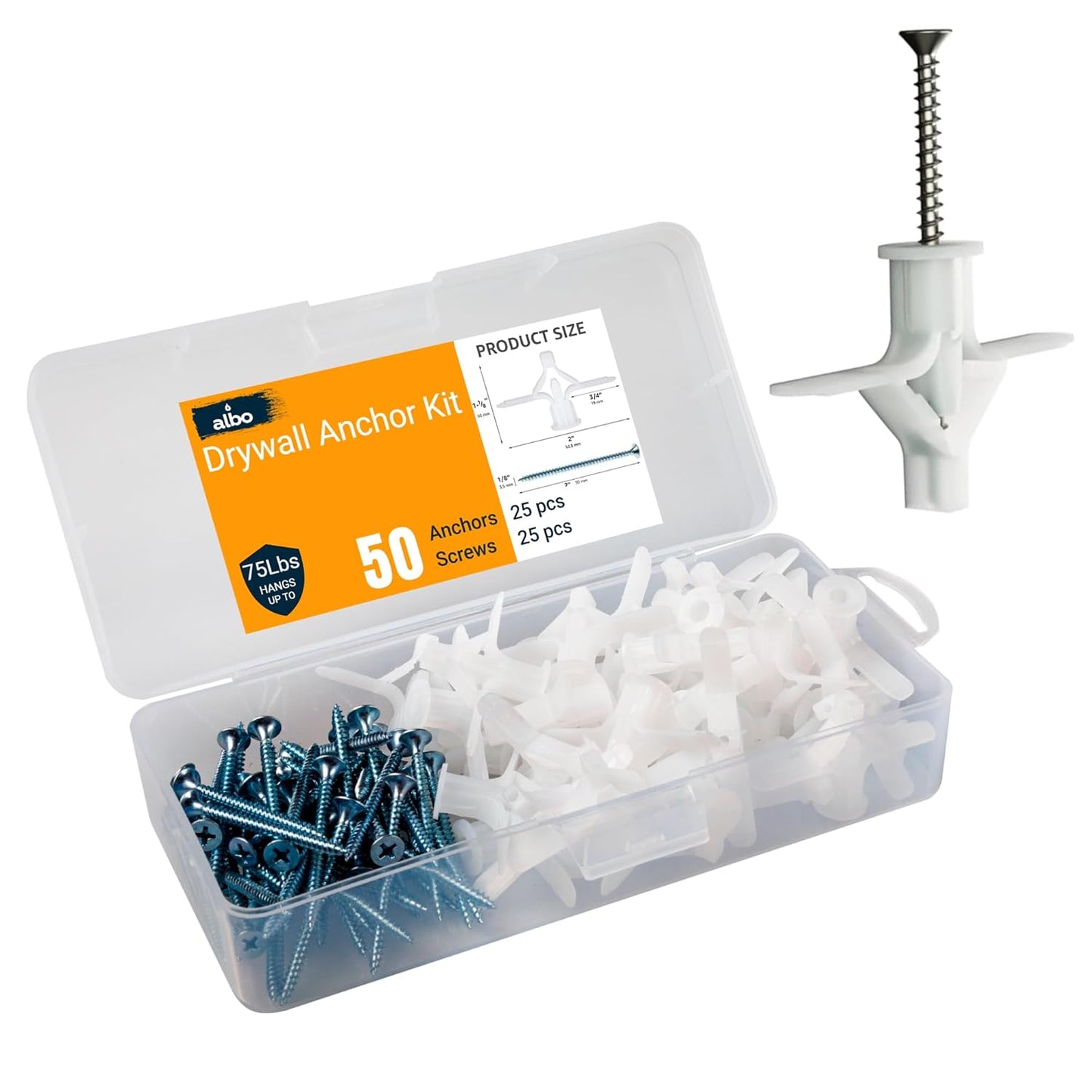 ALBO Drywall Plastic Hollow Wall Butterfly Anchors with Screws, 25 pieces
