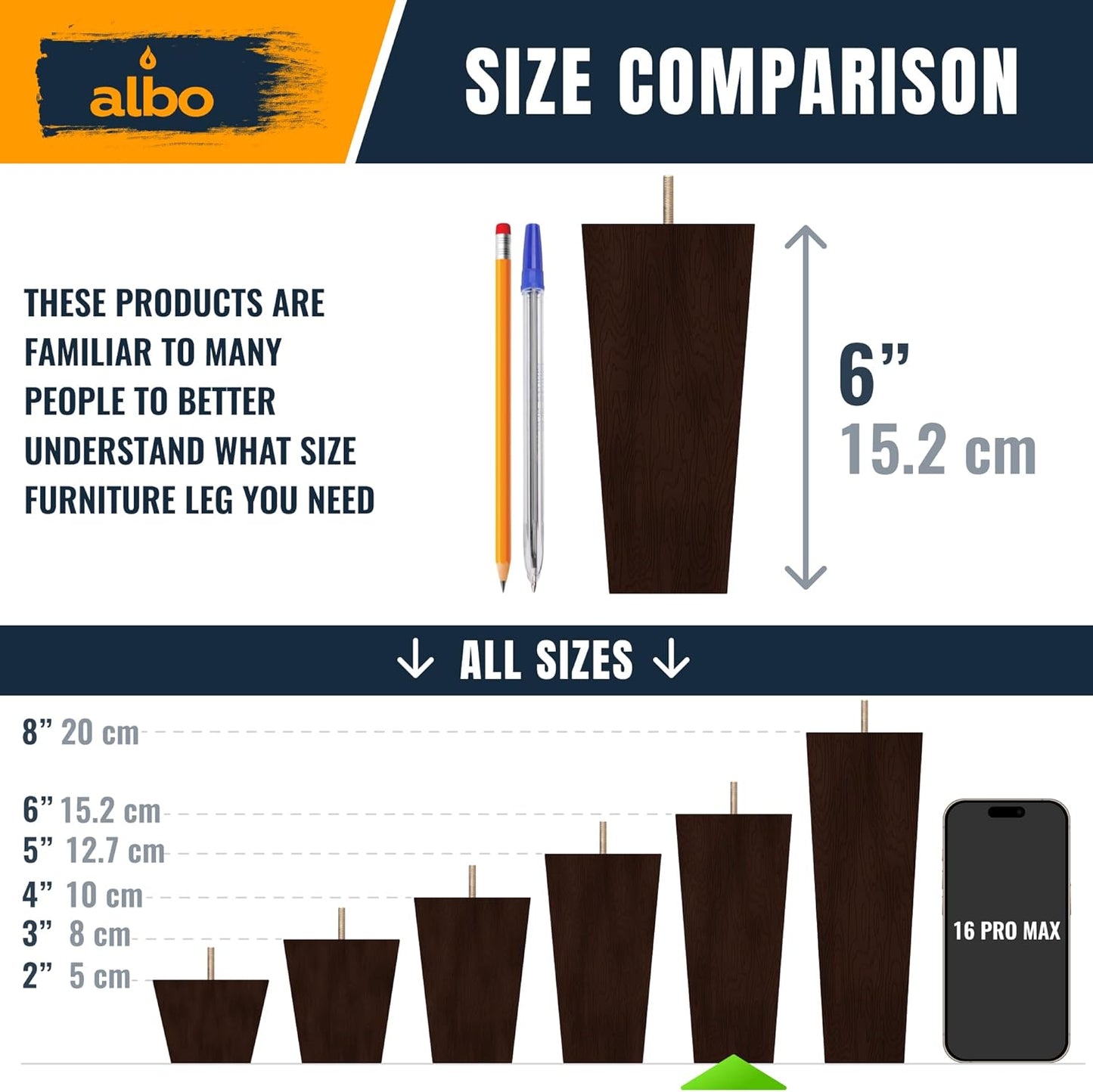 Albo Wood Heavy Duty Furniture Legs, 6 inch Height, Pack of 4 pcs, Brown