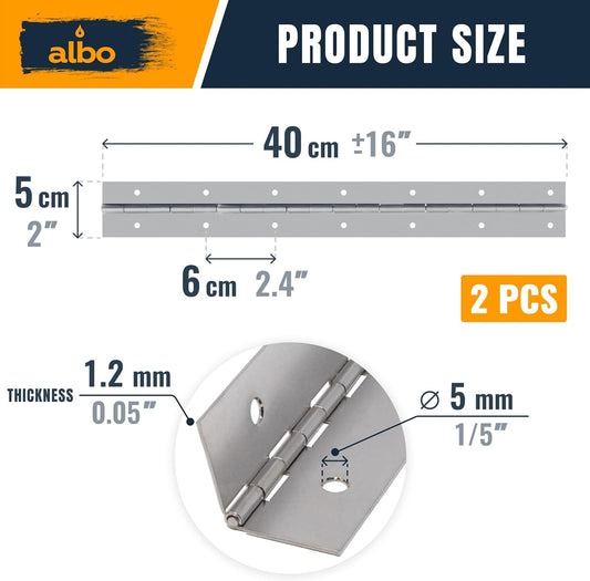 ALBO 16" Silver Heavy Duty Piano Hinge Continuous, Stainless Steel, Set of 2 pcs