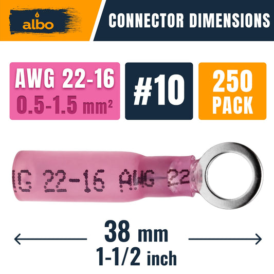 ALBO 250PCS #10 Red Heat Shrink Ring Terminal Kit – 22-16 AWG Wire Terminal Connectors Assortment, Waterproof Tinned Copper Electrical Ring Connectors